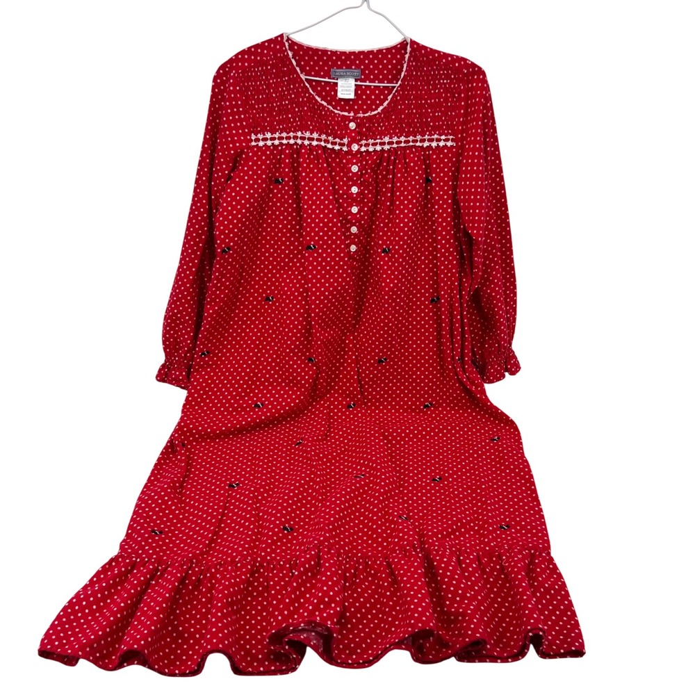 Laura Scott Women's Red Polka Dot Scottie Dog Nightgown‎ Medium Cotton